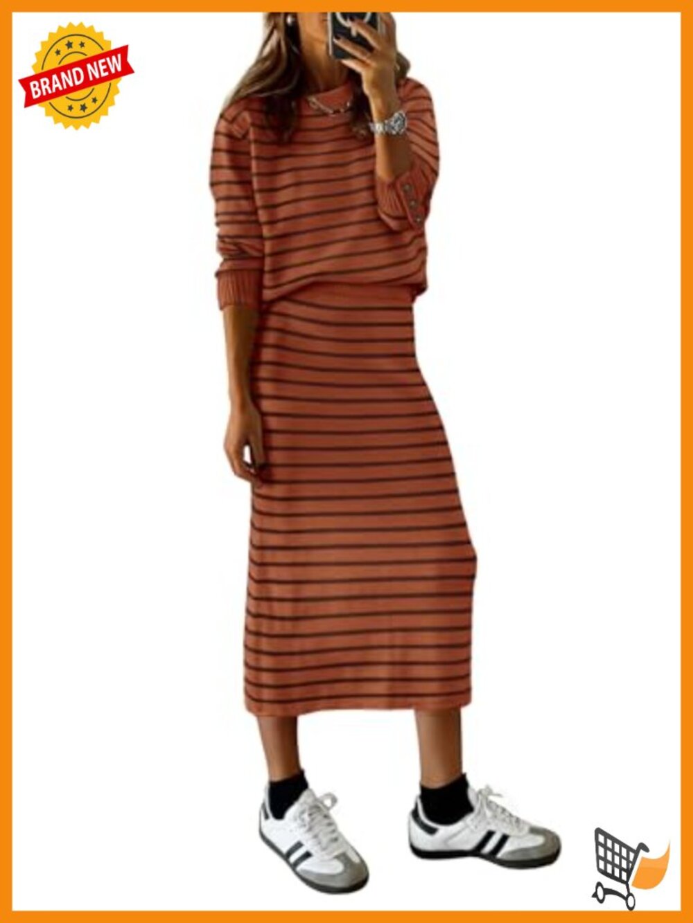 Women's 2 Piece Striped Knitted Sweater and Midi Skirt Matching Set